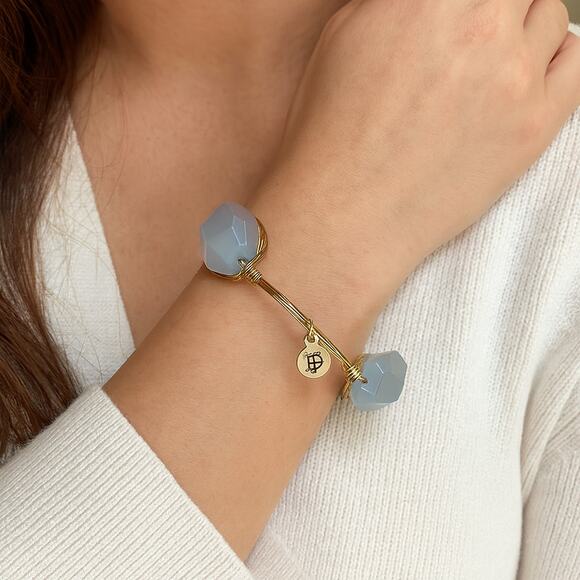 Bourbon & Boweties Gold Bangle Bracelet Wire Wrapped Blue Faceted Stones - Picture 1 of 4